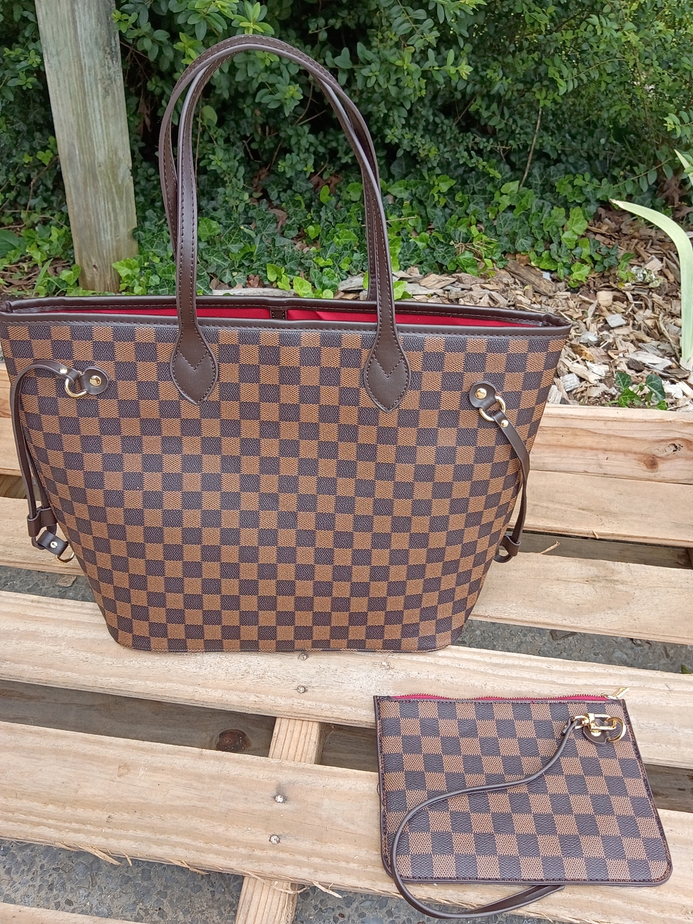 Brown Checked Tote Bag with Wristlet - Picture 2 of 8